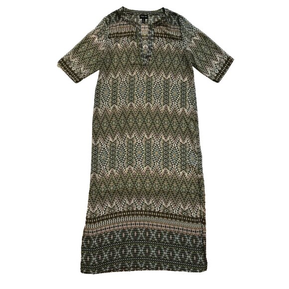 Ronen Chen Print Kaftan Maxi Dress Womens 2 US 8 Green V-Neck 3/4 Sleeve CoverUp - Picture 1 of 12